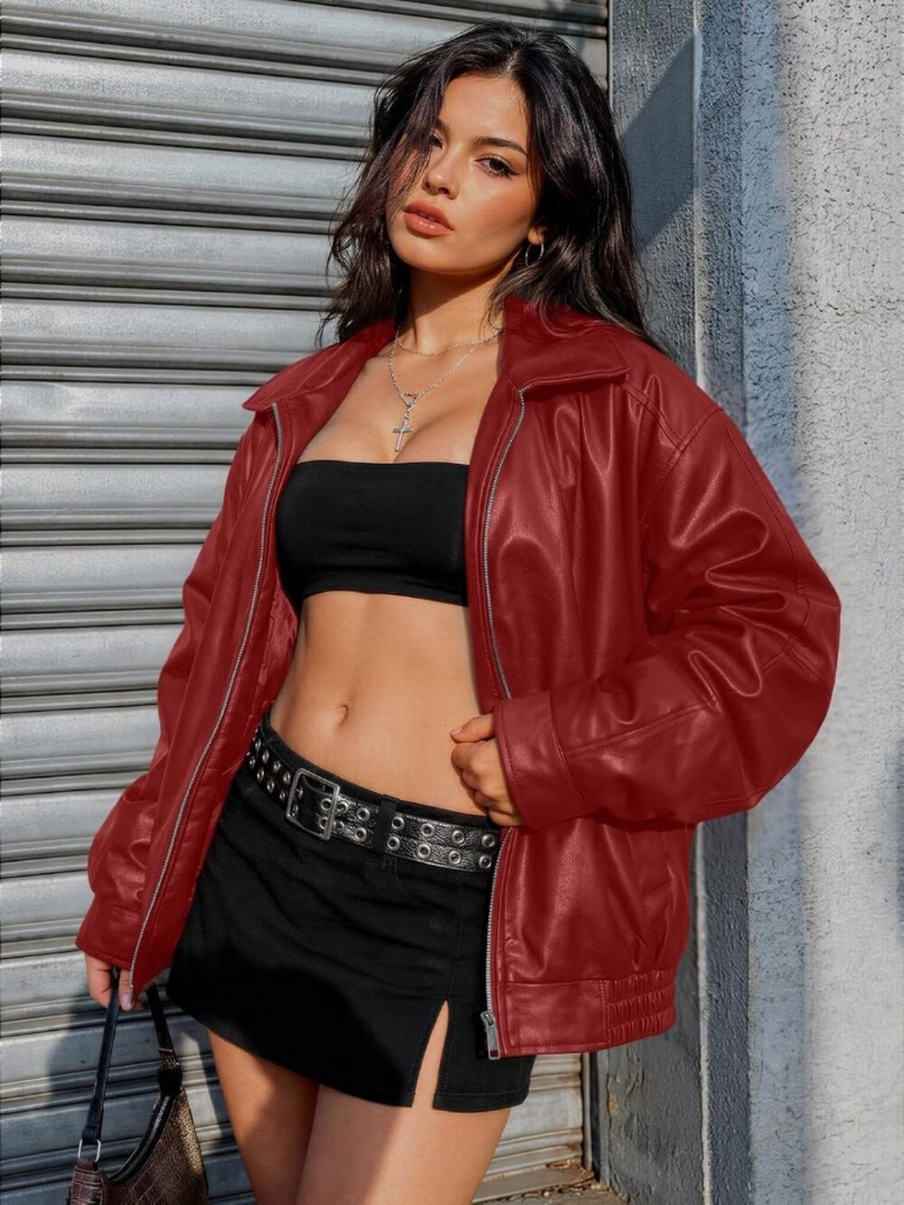 Women's Red Oversized Faux Leather Jacket Fall and Winter Biker Moto Coat - Picture 2 of 6